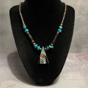 Vintage Native American Zuni Multi Stone Inlay Pendant/Necklace 20”